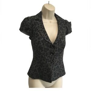 Rebecca Taylor Short Puff Sleeve Fitted Wool Jacket Leopard Gray Black Sz 0